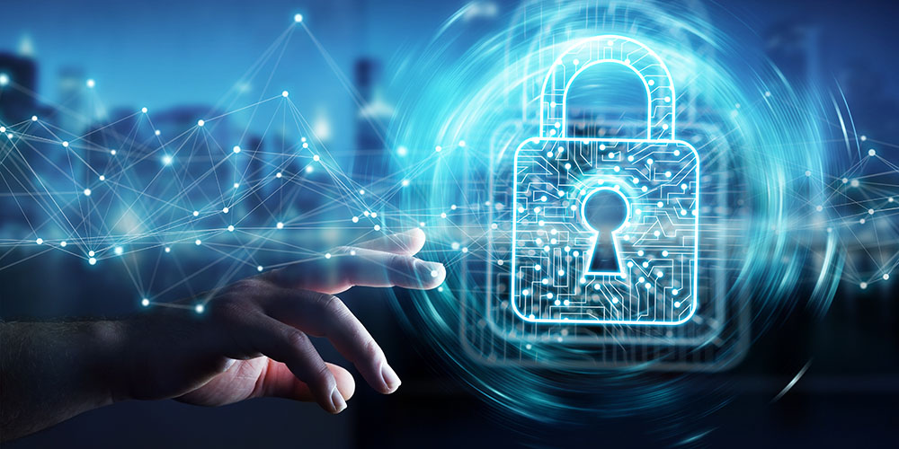 Businessman using digital padlock with data protection 3D render